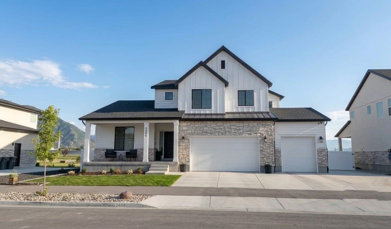 Two-story home at dusk before permanent lighting installation